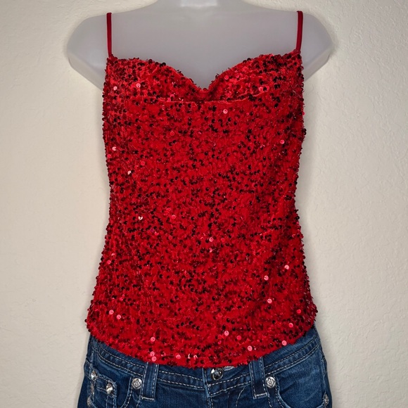 Express Red Velvet Sequins Halter Top Size XS Christmas Party Holiday Tank Y2K - Picture 1 of 12